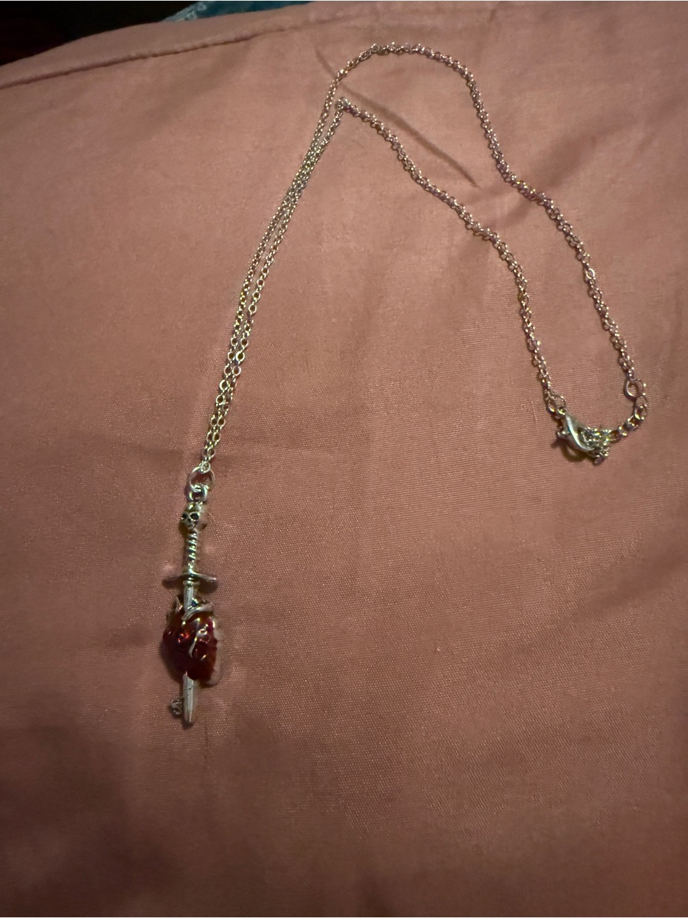 Gold Tone Dagger & Red Heart Pendant Necklace